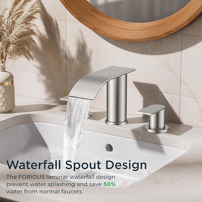 FORIOUS Upgrade Bathroom Faucets 3 Hole Brushed Nickel, Waterfall 8 Inch Widespread Bathroom Sink Faucet with Pop-up Drain and Supply Lines, Two Handles for Vanity, Farmhouse, School Restroom Sink