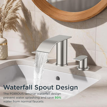 FORIOUS Upgrade Bathroom Faucets 3 Hole Brushed Nickel, Waterfall 8 Inch Widespread Bathroom Sink Faucet with Pop-up Drain and Supply Lines, Two Handles for Vanity, Farmhouse, School Restroom Sink