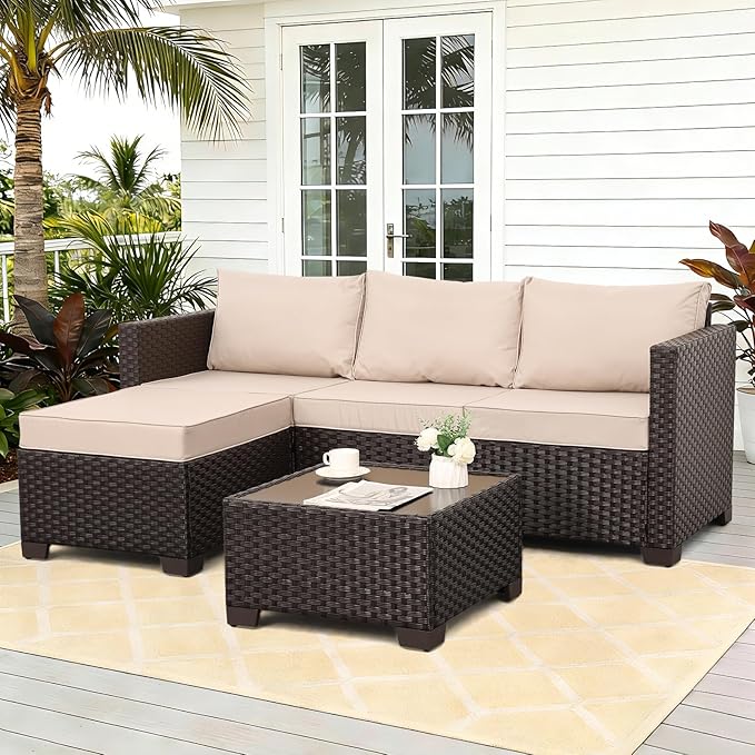 Rattan Star Patio Furniture Set 3 Piece Outdoor Sectional Sofa Set with Wicker Couch, Ottoman, Patio Table All-Weather Non-Slip Cushions and Waterproof Covers, Khaki