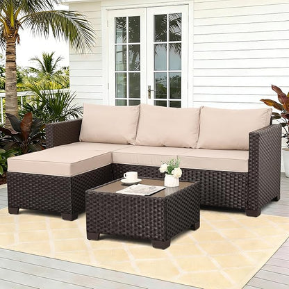 Rattan Star Patio Furniture Set 3 Piece Outdoor Sectional Sofa Set with Wicker Couch, Ottoman, Patio Table All-Weather Non-Slip Cushions and Waterproof Covers, Khaki