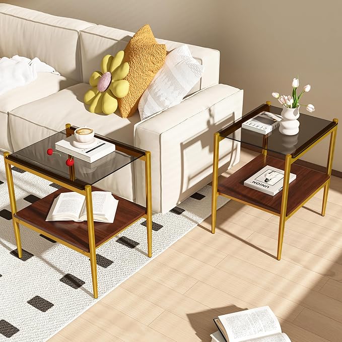 Set of 2 Glass End Table, 2-Layer Glass Living Room Table, Modern Tea Table Side Tables for Home Office Furniture