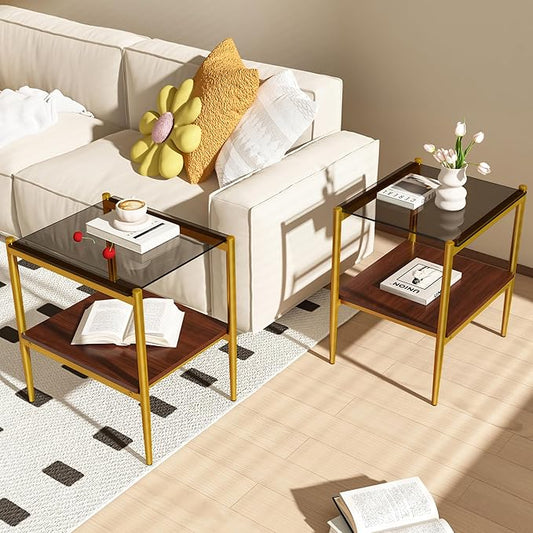 Set of 2 Glass End Table, 2-Layer Glass Living Room Table, Modern Tea Table Side Tables for Home Office Furniture