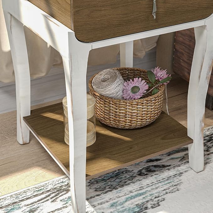 SUNBURY Nightstand with Drawer & Open Storage Shelf, Vintage Wood Grain Bedside Table for Living Room, Bedroom, Office, and Corners (Rustic Brown & White)