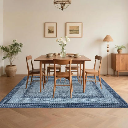Printed Washable Area Rugs 10x13 Rug Modern Rugs for Bedroom Blue Rug Imitation Braided Soft Large Area Rug Non Slip Throw Rugs Stain Resistant Carpet for Nursery Dining Room 10'x13' Navy Blue