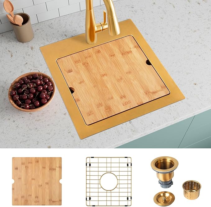LQS Brushed Gold Finish Kitchen Sink, Small Gold Drop In Bar Sink 16” x 18” with Cutting Board, 16 Gauge Stainless Steel Golden Kitchen Sink, 10” Depth For Daily Use, Outdoor and Prep Use
