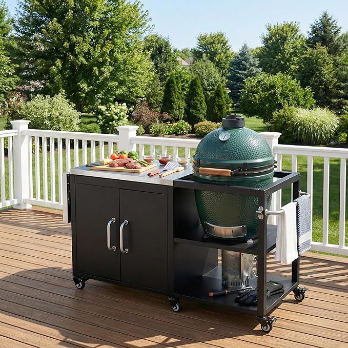 Outdoor Kitchen Island with Storage Cabinet and Adjustable Shelves, Kitchen Island Stainless Steel Top Drop Leaf for Large Big Green Egg, Rolling Cart on Wheels with Hooks & Bottle Opener Grey Blue