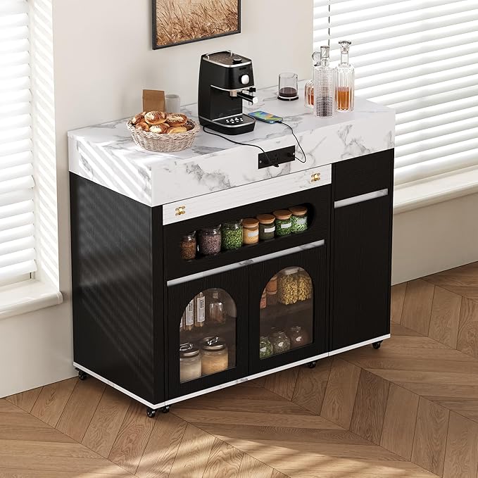 Extendable Dining Table with Extra-Long Folding Top, Rolling Kitchen Island with Drawers, Power Outlet and Brake Lock, Storage Cabinet for Kitchen and Dining Room (Black + Marble White)