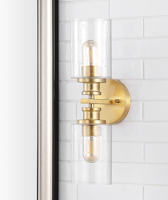 JONATHAN Y 16.5" Brass Gold 2-Light LED Wall Sconce, Modern Farmhouse Vanity Light with Seeded Glass Shade, Industrial Iron Fixture for Bathroom Mirror, LED Bulbs Included (JYL7577E)