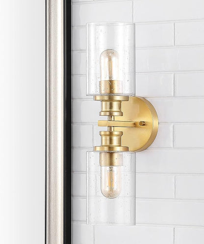JONATHAN Y 16.5" Brass Gold 2-Light LED Wall Sconce, Modern Farmhouse Vanity Light with Seeded Glass Shade, Industrial Iron Fixture for Bathroom Mirror, LED Bulbs Included (JYL7577E)