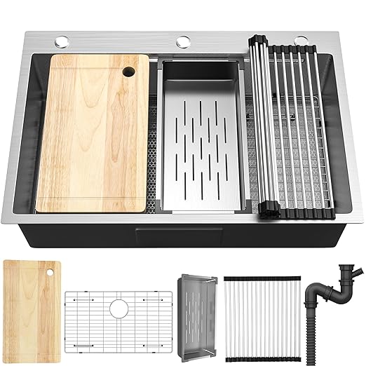 YITAHOME Drop In Kitchen Sink Workstation with Pull-down Faucet, 304 Stainless Steel Single Bowl Top Mount Sink w/Ledge & Accessories, Honeycomb Surface Design, 33 x 22 x 10 in, Silver