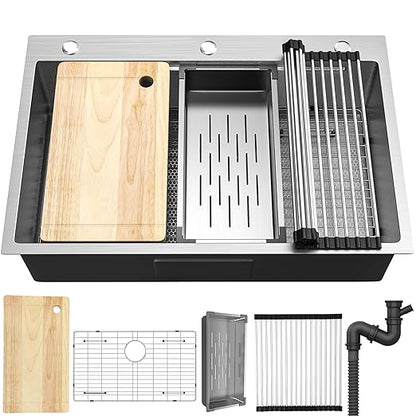YITAHOME Drop In Kitchen Sink Workstation with Pull-down Faucet, 304 Stainless Steel Single Bowl Top Mount Sink w/Ledge & Accessories, Honeycomb Surface Design, 33 x 22 x 10 in, Silver