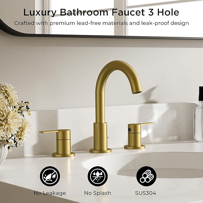 QFN Bathroom Faucets 3 Hole Brushed Gold, 8 Inch Widespread Vanity Sink Faucet with Aerator, 2 Handle 360° Swivel High Arc Spout, Spot-Free Finish, cUPC NSF Certified and CEC & DOE Compliant