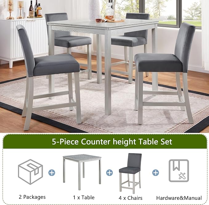 5 Piece Counter Height Table Set, Wooden Kitchen Table Set with Square Table and 4 Upholstered Chairs, Counter Height Dining Table with Crystal Decoration and Chair Set, Silver Grey