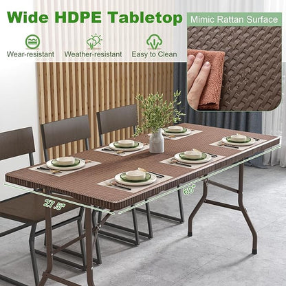 Tangkula 5FT Folding Table, Indoor Outdoor Foldable Plastic Table with Rattan Textured HDPE Tabletop, Sturdy Metal Fame, Carrying Handle, 4-6 Person Picnic Table for Camping BBQ Party