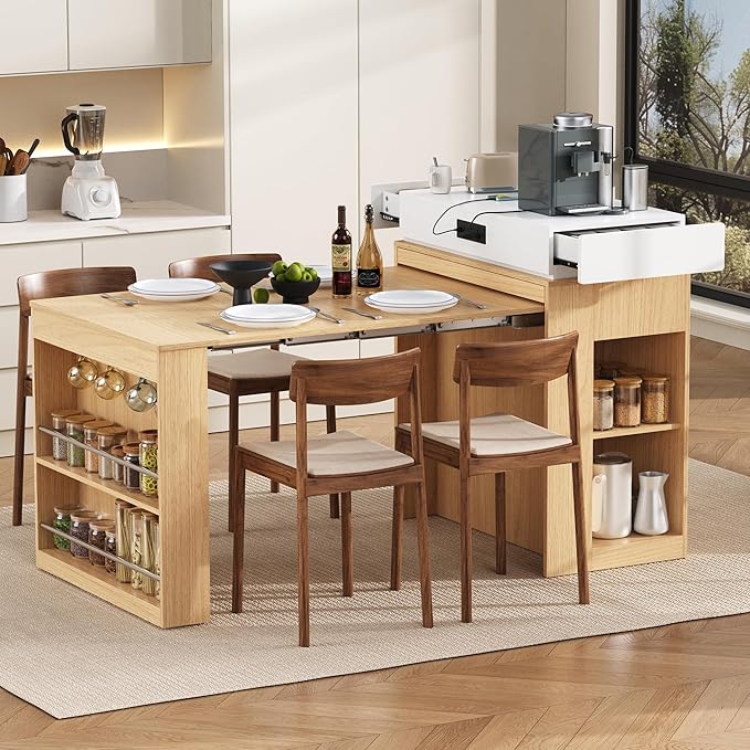 Kitchen Islands with Extendable Dining Table, Wheels and Hooks, Sideboard, Island Table with Double-Side Storage for Kitchen and Dining Room (Natural+Creamy White)