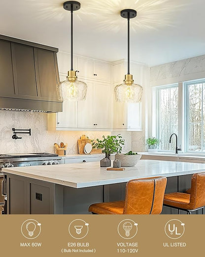 Emak Modern 8 Inch Pendant Lights Kitchen Island, Black and Gold Pendant Light Fixtures with Hammered Glass Shade, Farmhouse Island Lights for Kitchen, Dining Room, Bathroom, PL122-BKBGD-HG