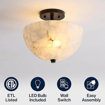 JONATHAN Y 12" White Marbling/Black Modern 2-Light LED Semi Flush Mount Light, Inverted Dome Ceiling Fixture with White Alabaster Shade for Bedroom, Hallway, LED Bulbs Included (JYL1205B)