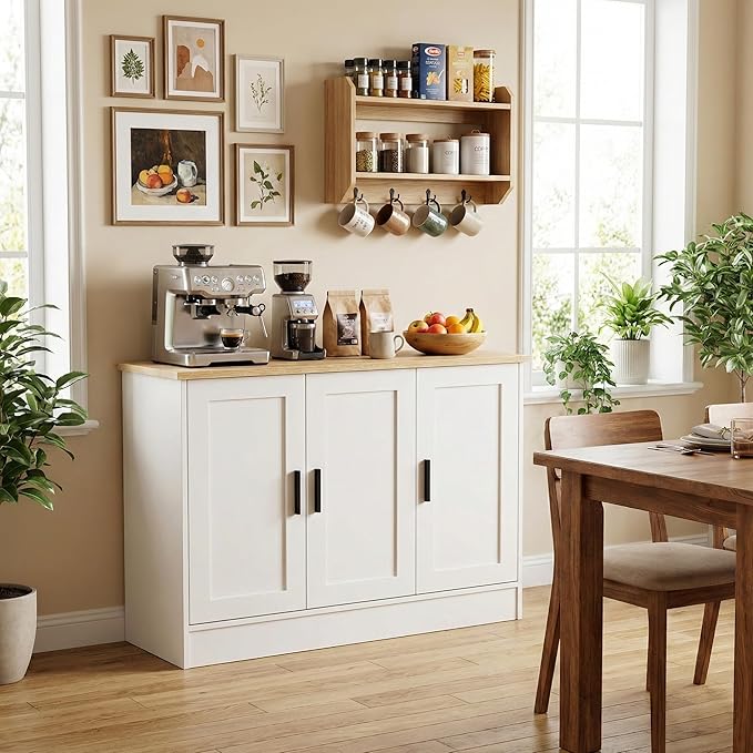 Anystyle 43" White Buffet Cabinet with Black Handles, Small Kitchen Sideboard with 3 Doors & Adjustable Shelves, Modern Entryway Credenza & TV Console Table for Living Room, Dining Room