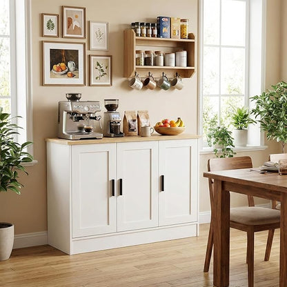 Anystyle 43" White Buffet Cabinet with Black Handles, Small Kitchen Sideboard with 3 Doors & Adjustable Shelves, Modern Entryway Credenza & TV Console Table for Living Room, Dining Room