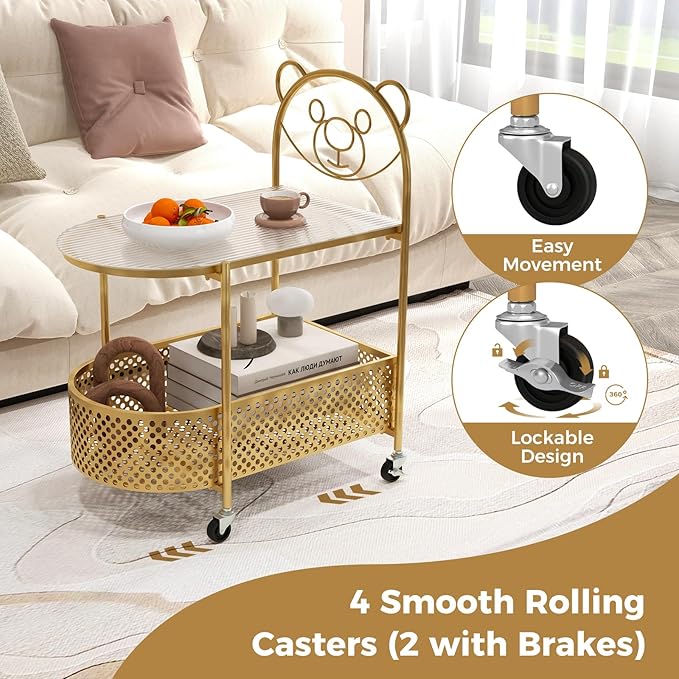 Giantex 2-Tier Modern Bear Pattern Coffee Table, Golden/White Lacquered Finish, Tempered Glass Top, Storage Basket, Wheels