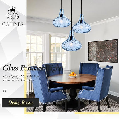 CATINER 11" Hand-Blown Blue Glass Pendant Light, Modern Hammered Glass Hanging Light Fixture with Black Finish, Adjustable Ceiling Pendant Lighting for Kitchen Island, Dining Room, Living Room