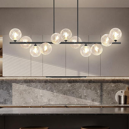 Linear Chandeliers for Dining Room, 51" Dining Room Light Fixture with Clear Swirled Glass Globe 11 Lights Black Sputnik Chandelier Bubble Large Chandelier Modern Farmhouse Island Light