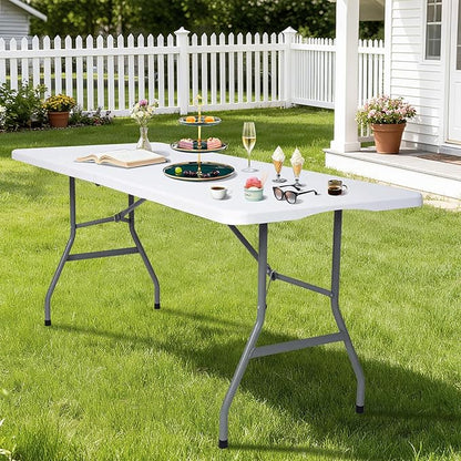 Folding Table 6ft Foldable Table with Built in Handle & Steel Legs / 6FT Heavy Duty Folding Portable,Perfect for Party, Dining Indoor/Outdoor Events, Tailgating & Backyard BBQ, White