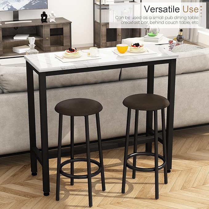 Recaceik Dining Table Set, 39.4” Rectangle Pub Dining Set Kitchen Table Set Bar Table with Stools, 3-Piece Breakfast Table Set with Metal Frame for Kitchen Dining Room w/ 2 Chairs - White*