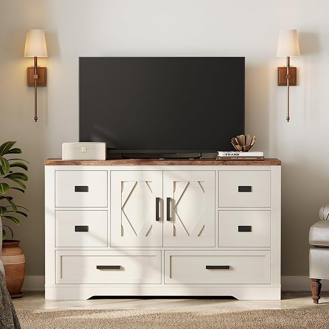 WAMPAT 54" W Large Sideboard Buffet Cabinet with Storage,Wood Farmhouse Sideboard Table with Barn Doors and Drawers for Kitchen,Dining Room,Coffee Bar,Antique White