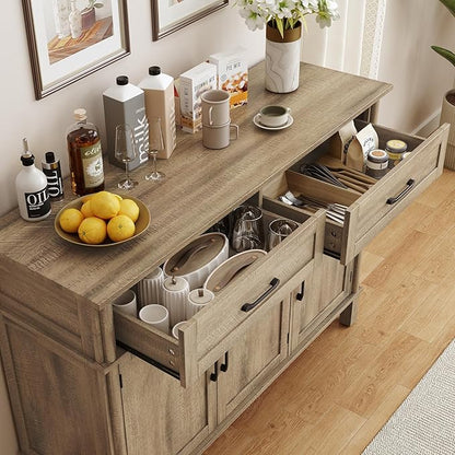 48 Inches Buffet Cabinet with Storage, Farmhouse Sideboard Buffet w/2 Drawers and 3 Doors, Wood Coffee Bar Cabinet with Adjustable Shelves, Sideboard Storage for Kitchen, Living Room, Washed Grey