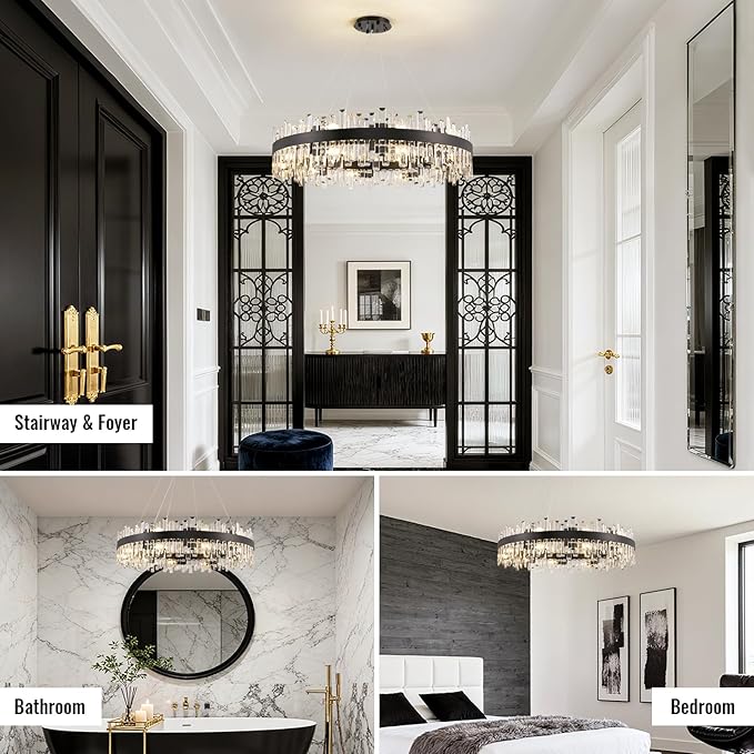 Siljoy Modern Crystal Chandelier Farmhouse Black Round 2-Tiers K9 Crystal Raindrop Chandelier Adjustable Flush Mount Crystal Ceiling Light for Dining Living Room Entryway Foyer E12x20, D39.4''