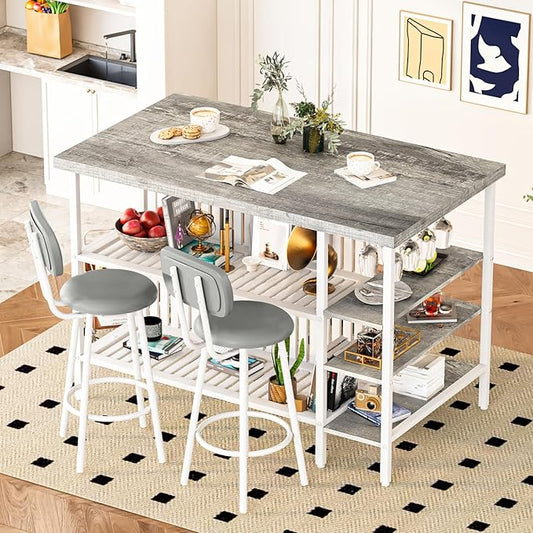 Recaceik Kitchen Island with Storage Small Dining Table for 2, Bistro Table and Chairs Set of 2 W/ 5 Shelves with PU Stools (Grey)