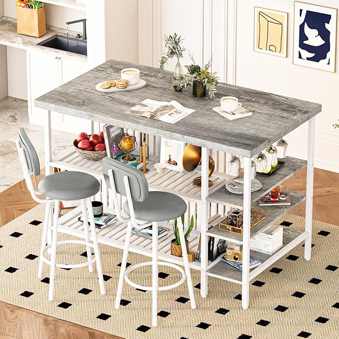DKLGG 3 Piece Dining Table Set for 2,Kitchen Island with Seating & Storage,Industrial Bar Table and Chairs Set,Space-Saving Pub Table Set for Small Space (Grey)