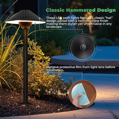 Gardencoin Low Voltage Pathway Lights (6.69'' Shade, 21.54'' Tall) 12V Outdoor LED Landscape Pathway Lighting Aluminum Vintage Hammered Path Lights with 4W 2700K Replaceable Bulb, 8 Pack