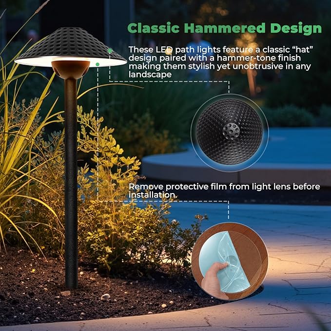 Gardencoin Low Voltage Pathway Lights (6.69'' Shade, 21.54'' Tall) 12V Outdoor LED Landscape Pathway Lighting Aluminum Vintage Hammered Path Lights with 4W 2700K Replaceable Bulb, 4 Pack