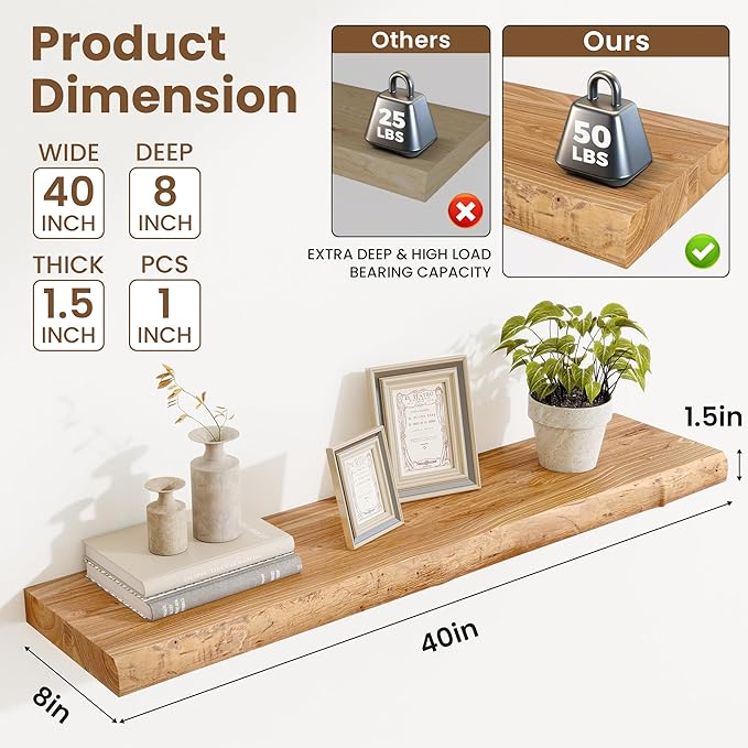 Acovy Extra Deep 40" Long Live Edge Rustic Floating Shelves for Wall, Solid Wood Wall Shelves with Invisible Bracket Mount for Living Room Bathroom Bedroom Kitchen, Set of 1, Natural