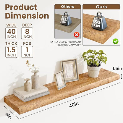 Acovy Extra Deep 40" Long Live Edge Rustic Floating Shelves for Wall, Solid Wood Wall Shelves with Invisible Bracket Mount for Living Room Bathroom Bedroom Kitchen, Set of 1, Natural