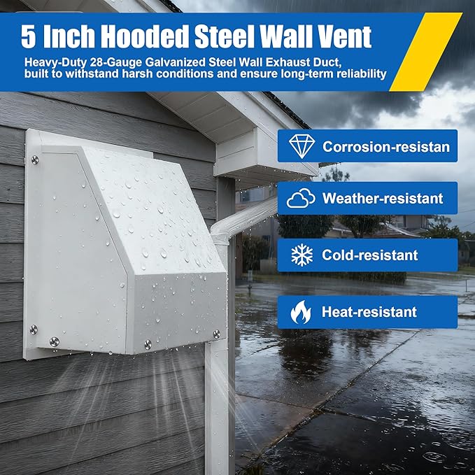 5 inch Dryer Vent Cover Outside Exhaust Vent Hooded Wall Vent Cover with Damper, Galvanized Steel Outdoor Dryer Vent Cap for House, Bathroom,Range Hood, Kitchen,AC Duct Air Ventilation, White