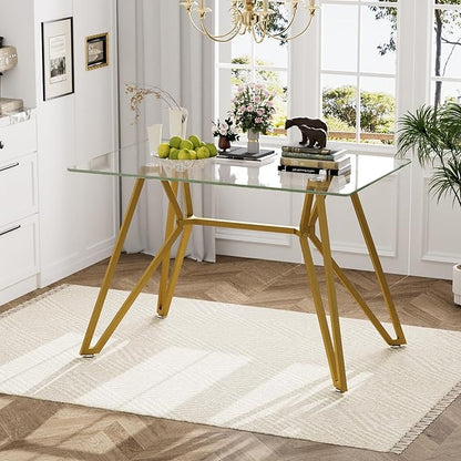 Glass Dining Table,47.3'' Rectangular Dining Kitchen Table,Modern Dining Room Table with Gold Metal Base for Dining Room (Gold,47.3'')