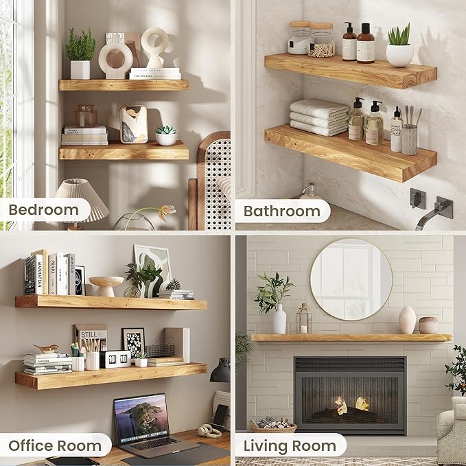 Fun Memories Solid Elm Wood Floating Shelves Set of 2-32 Inch Rustic Wall Shelves with Heavy-Duty Invisible Brackets - for Living Room, Kitchen, Bedroom, Bathroom - Natural Finish