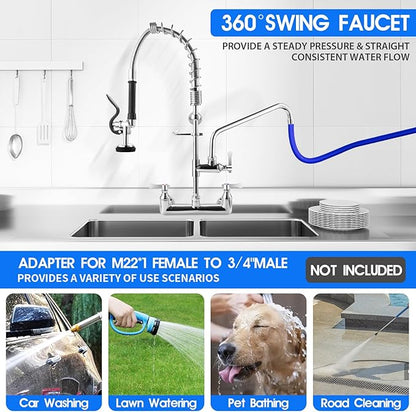 Commercial Kitchen Faucet with Pre-Rinse Sprayer 8 Inch Center Wall Mount Kitchen Sink Faucet with Pull Down Spray - 25" Height Compartment Sink Faucets with 12 Inches Add-On Spout