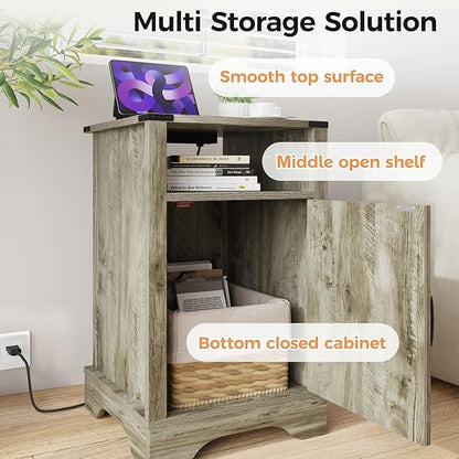 RoyalCraft 25" Tall Nightstands Set of 2, Farmhouse Nightstand with Charging Station, Large End Table with Storage, Wooden Rustic Bedside Table for Bedroom, Light Grey