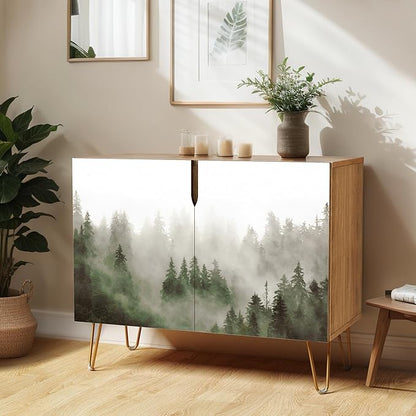SIGNWIN Sideboard Buffet Cabinet, Kitchen Storage Cabinet with 2 Doors, Mist & Fog Pine Tree Forest Landscape, Cupboard Console Table for Dining Room - 35" L x 18" W x 29" H