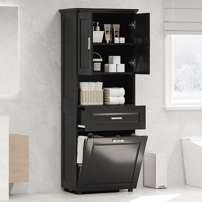 Merax 70" Tall Storage Cabinet with Laundry Hamper, 1 Drawer and Adjustable Shelf, Freestanding for Bathroom, Black