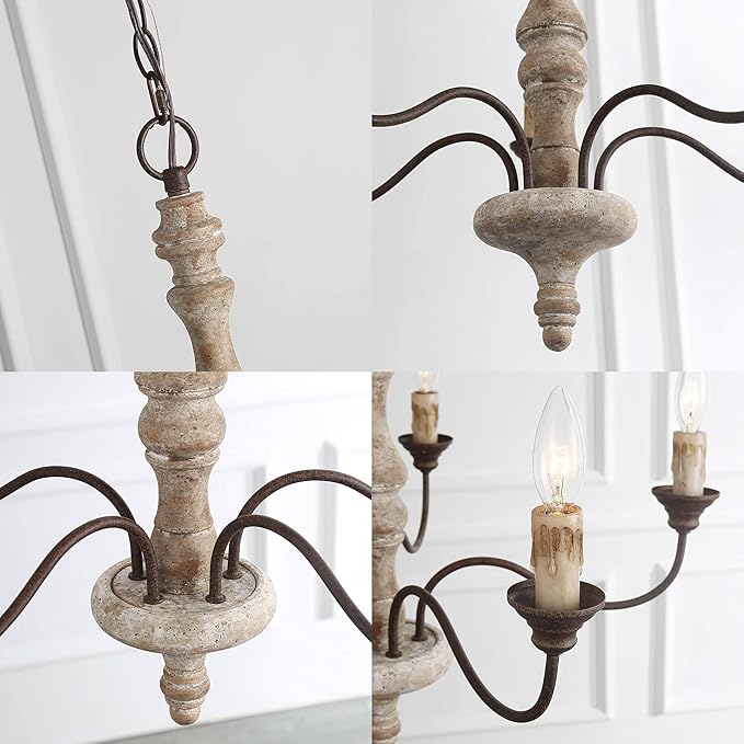 LALUZ 5-Light Farmhouse French Country Chandelier, 23'' Rustic Distressed Wood Chandeliers Light Fixture for Dining Room, Living Room, Bedroom, Foyer
