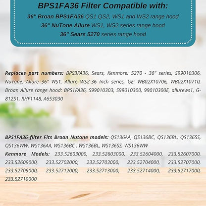 Broan Model BPS1FA36 Range Hood Filter 11-3/4" X 17-1/4" X 3/8" Replacement for NuTone Allure 36" WS1 and Broan QS1 36-Inch Filter Aluminum (2-Pack)