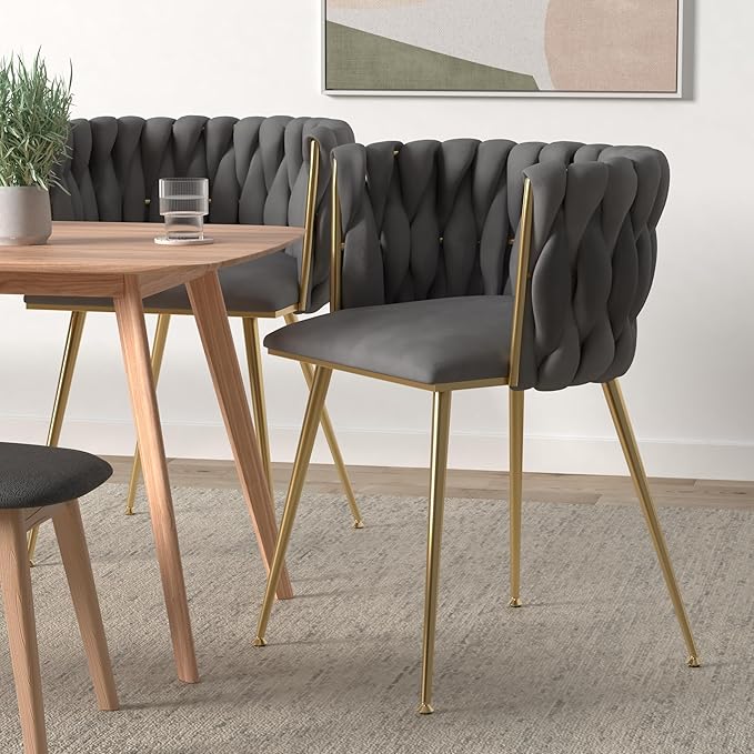 Nrizc Woven Dining Chairs Set of 2, Velvet Upholstered Dining Chairs with Gold Metal Legs, Modern Accent Chairs for Living Room, Dining Room, Kitchen (Grey)
