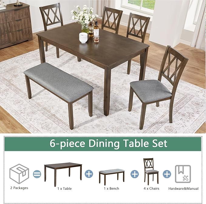 6-Piece Dining Table Set for 6 People, Wooden Rectangular Kitchen Table with 4 Upholstered Chairs and a Bench, Modern Dining Room Table Set for Kitchen and Dining, Walnut