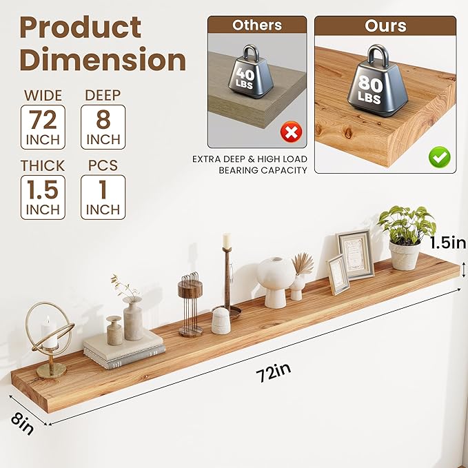 Acovy Extra Deep 72" Long Rustic Solid Wood Floating Shelves for Wall, Wall Shelves with Invisible Bracket for Living Room Bathroom Bedroom Kitchen, Set of 1, Walnut
