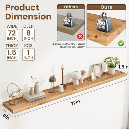 Acovy Extra Deep 72" Long Rustic Solid Wood Floating Shelves for Wall, Wall Shelves with Invisible Bracket for Living Room Bathroom Bedroom Kitchen, Set of 1, Walnut